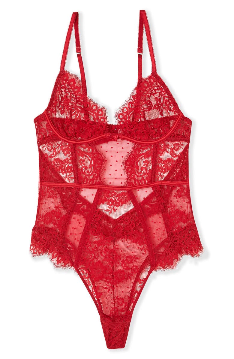 Etam Infini Rouge Lace & Mesh Bodysuit, Alternate, color, Red