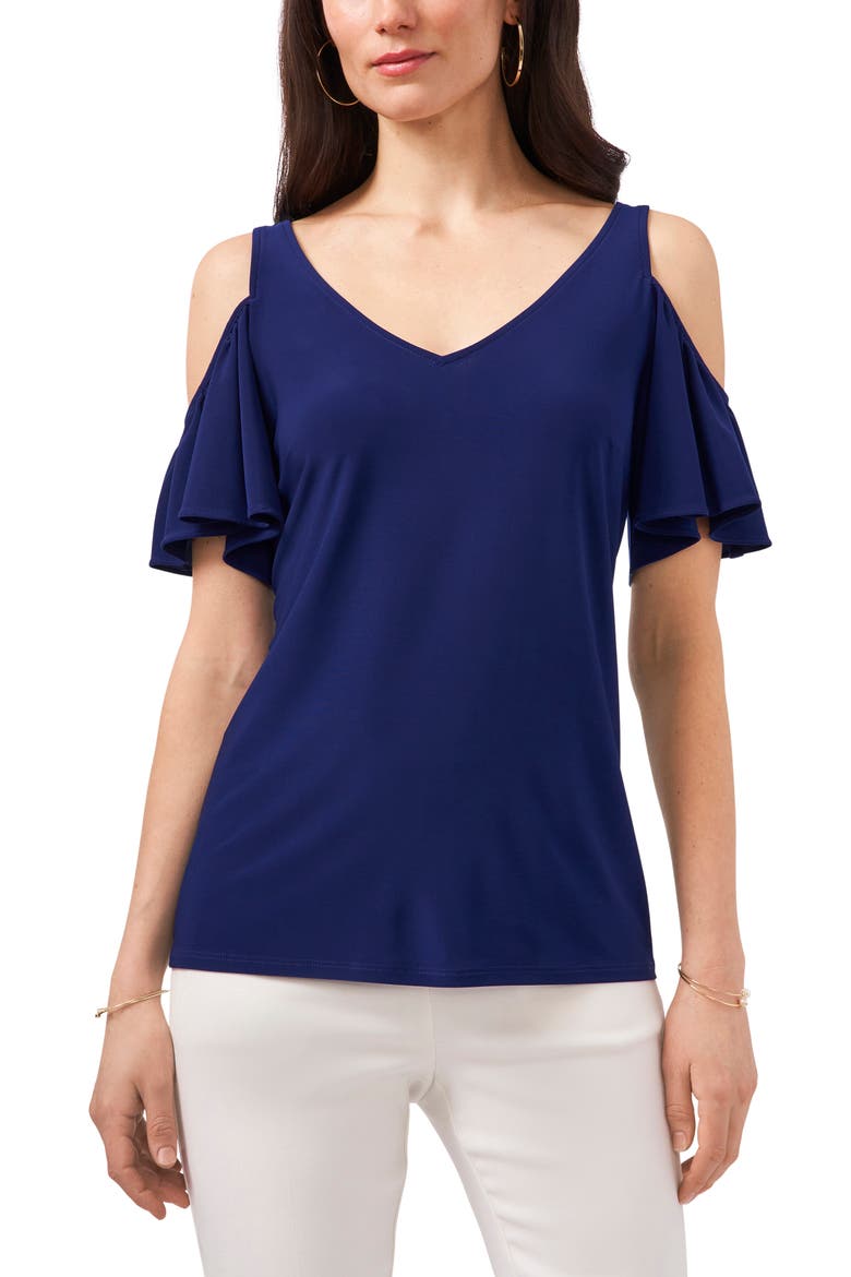 Ruffle Cold Shoulder Top, Main, color, NAVY BLUE