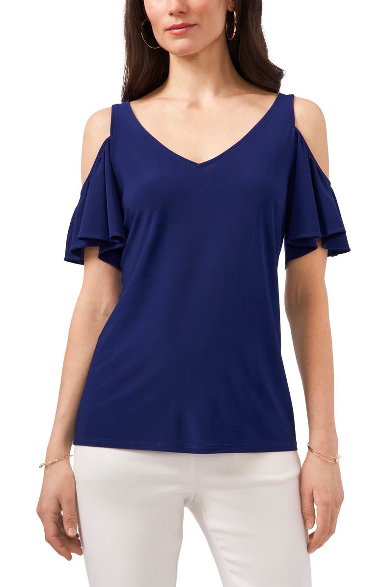 Chaus Ruffle Cold Shoulder Top, Main, color, Navy Blue