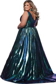 Sydney's Closet Bra-Friendly V-Neckline Plus Size A-Line Formal Gown