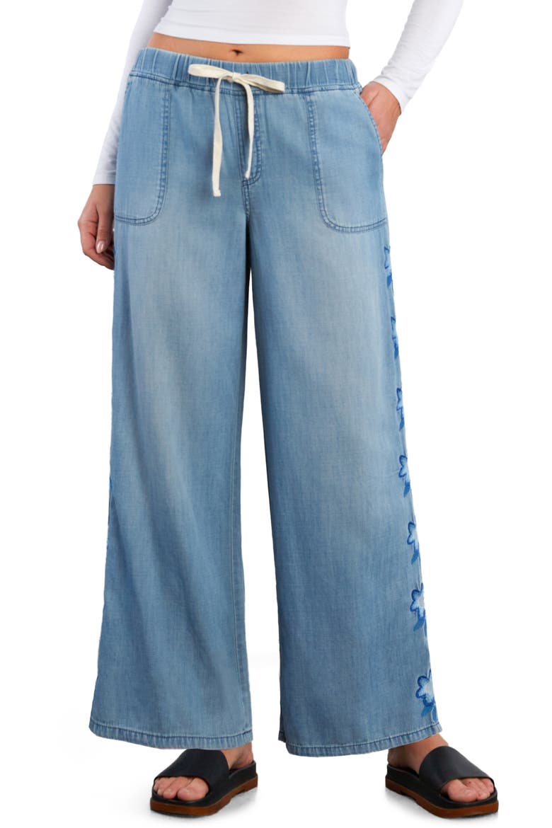 Floral Lane Embroidery Wide Leg Denim Pants, Main, color, PURE DENIM