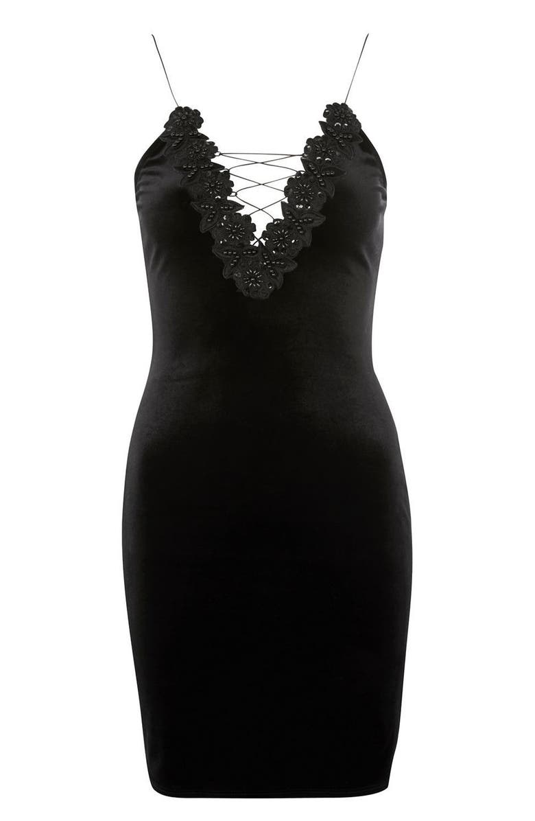 Topshop Lace-Up Velvet Body-Con Dress, Alternate, color, 