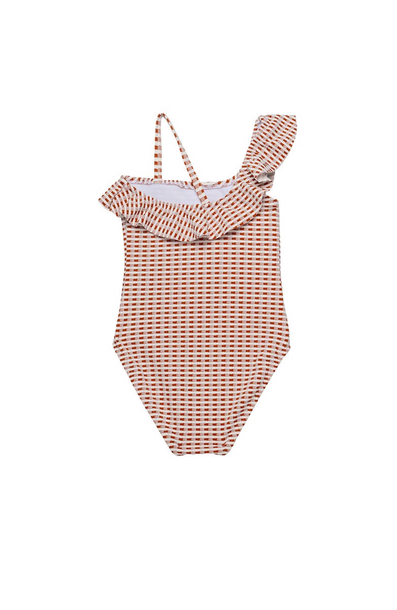Gottex Kids Forever Gingham Textured Ruffle Asymmetrical One Piece, Alternate, color, Brown