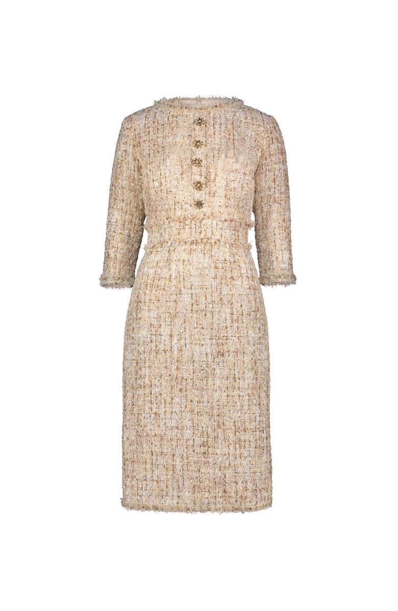 Mac Duggal High neck 3/4 Sleeve Beaded Trim Midi Dress, Alternate, color, Blush