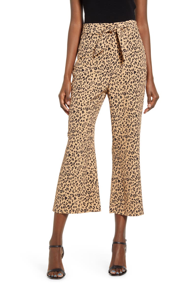 Leopard Print Tie Front Crop Flare Pants, Main, color, TAN SKETCHED ANIMAL