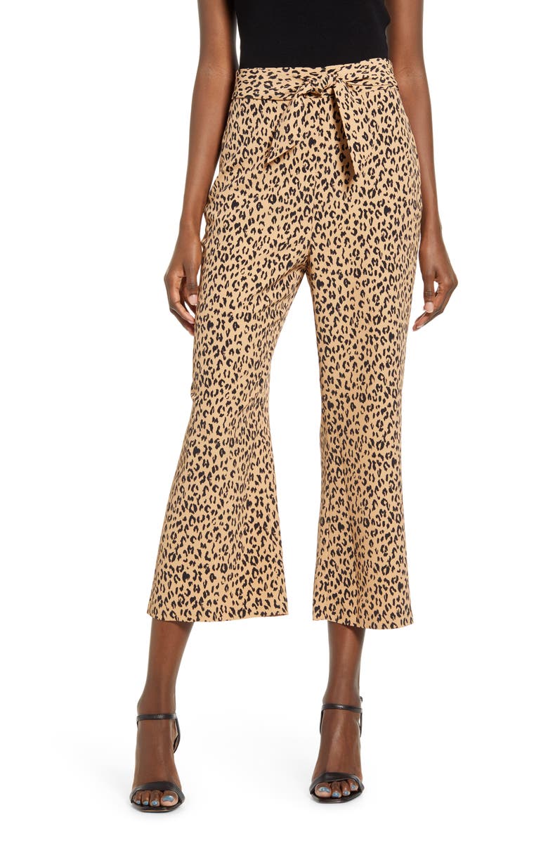 Leith Leopard Print Tie Front Crop Flare Pants, Main, color, 