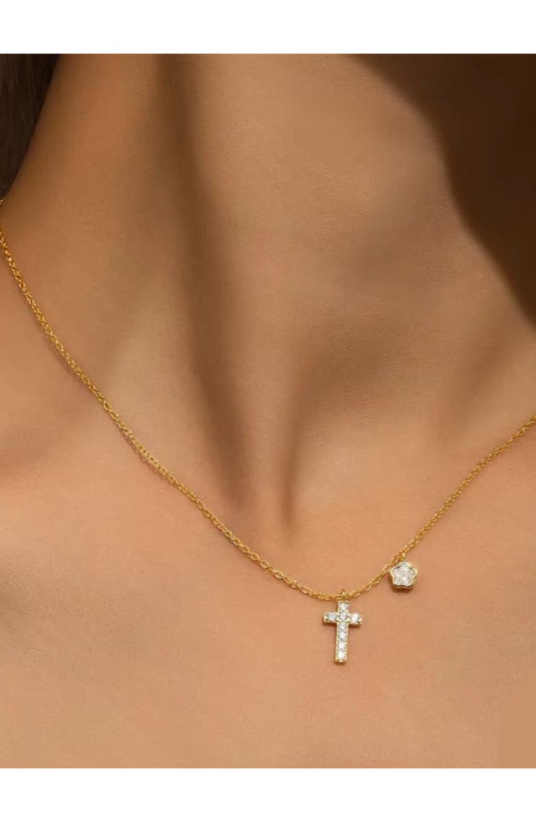 Hollywood Sensation Cross Necklace with Sparkling CZ and Floral Charm, Alternate, color, Gold
