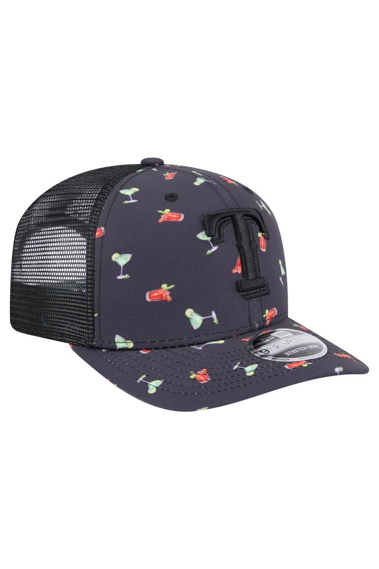 Men's New Era Black Texas Rangers Adventure Drinks Pattern 9SEVENTY Stretch-Snap Hat, Alternate, color, Navy