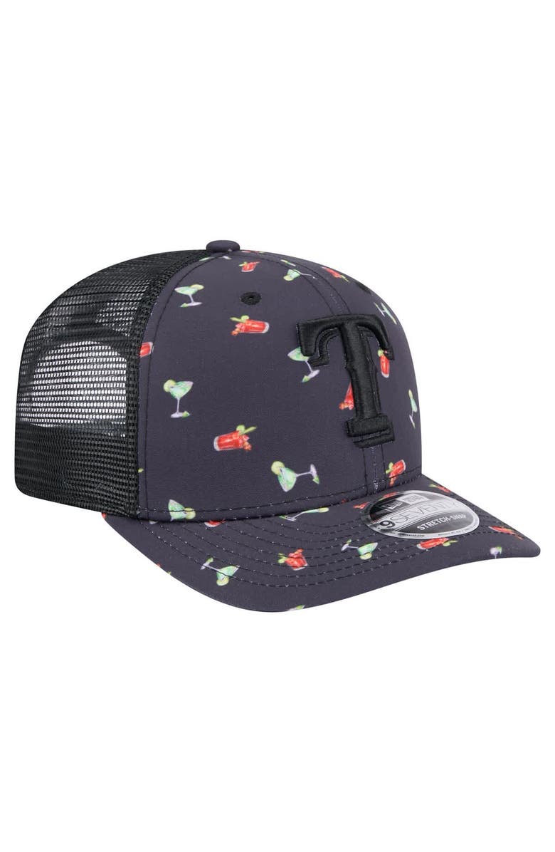 New Era Men's New Era Black Texas Rangers Adventure Drinks Pattern 9SEVENTY Stretch-Snap Hat, Alternate, color, Navy