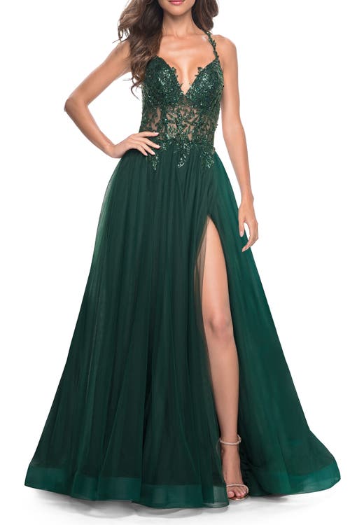 La Femme Tulle A-line Gown With Sheer And Beaded Lace Detail In Dark Emerald