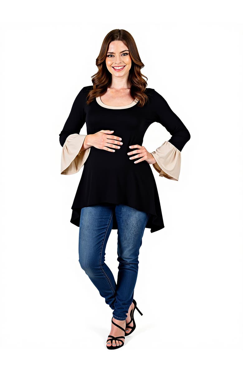 24seven Comfort Apparel Bell Sleeve Hi Low Maternity Tunic Top, Main, color, Black