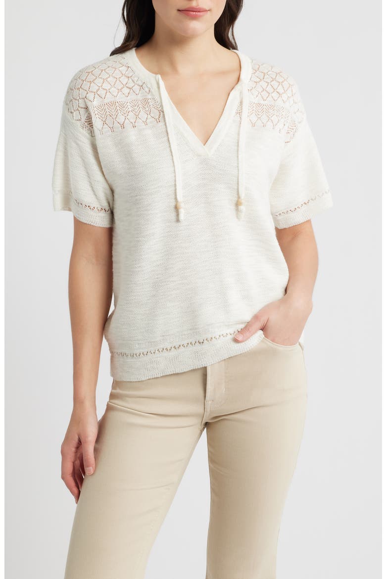 Tie Neck Pointelle Top, Main, color, GARDENIA