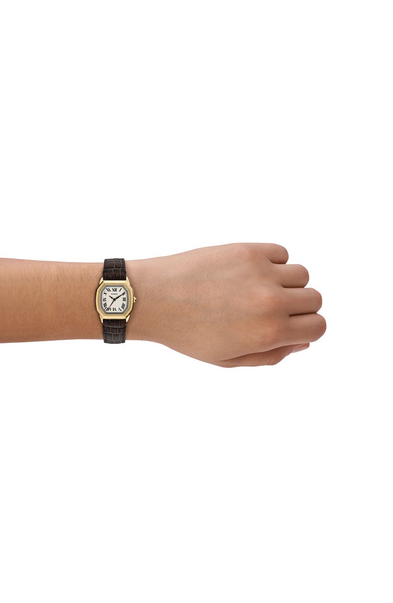 Fossil Harlow Croc Embossed Leather Strap Watch, 27mm, Alternate, color, Brown/ Gold