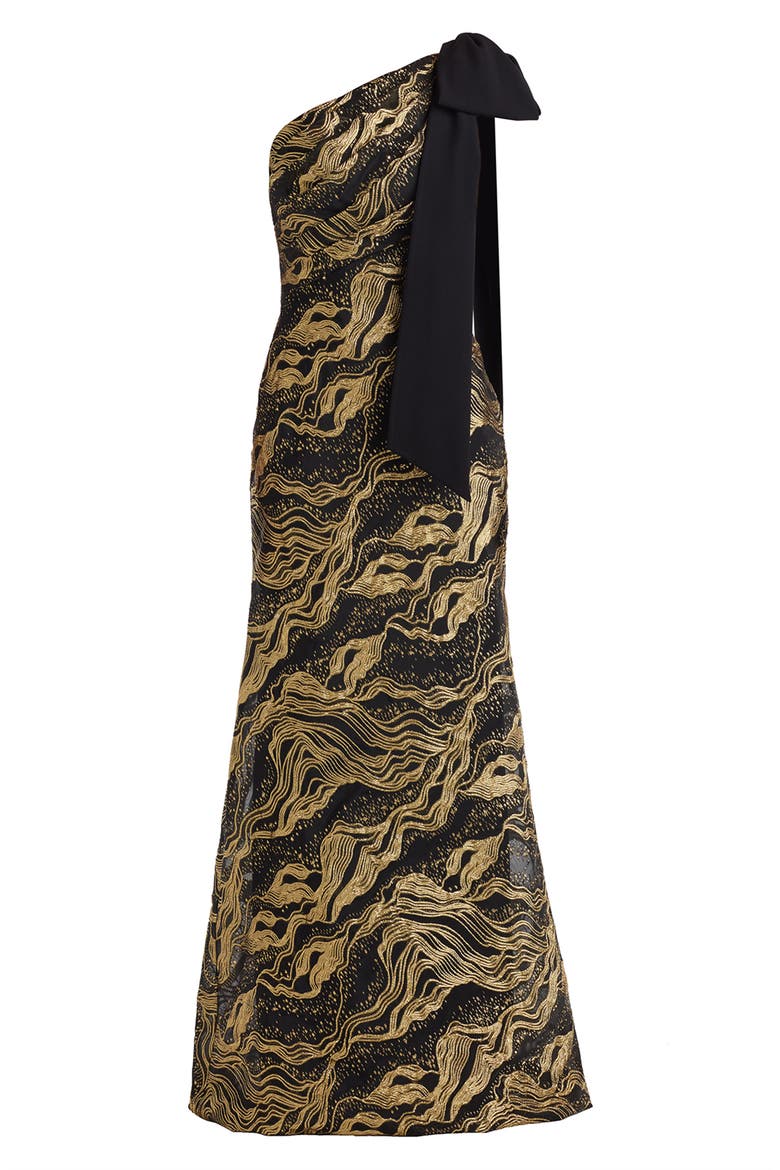 Metallic Jacquard One-Shoulder Gown, Alternate, color, GOLD/BLACK