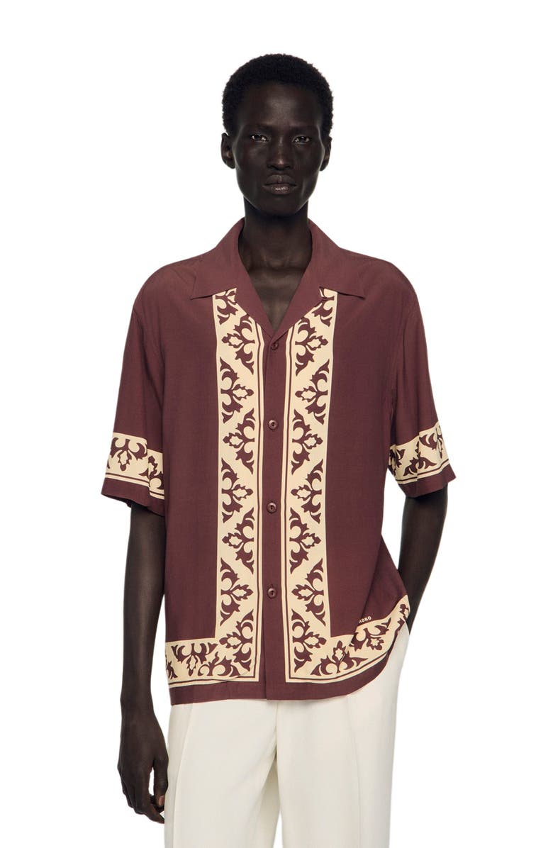SANDRO Loose-fit contrast print shirt, Main, color, Chocolate