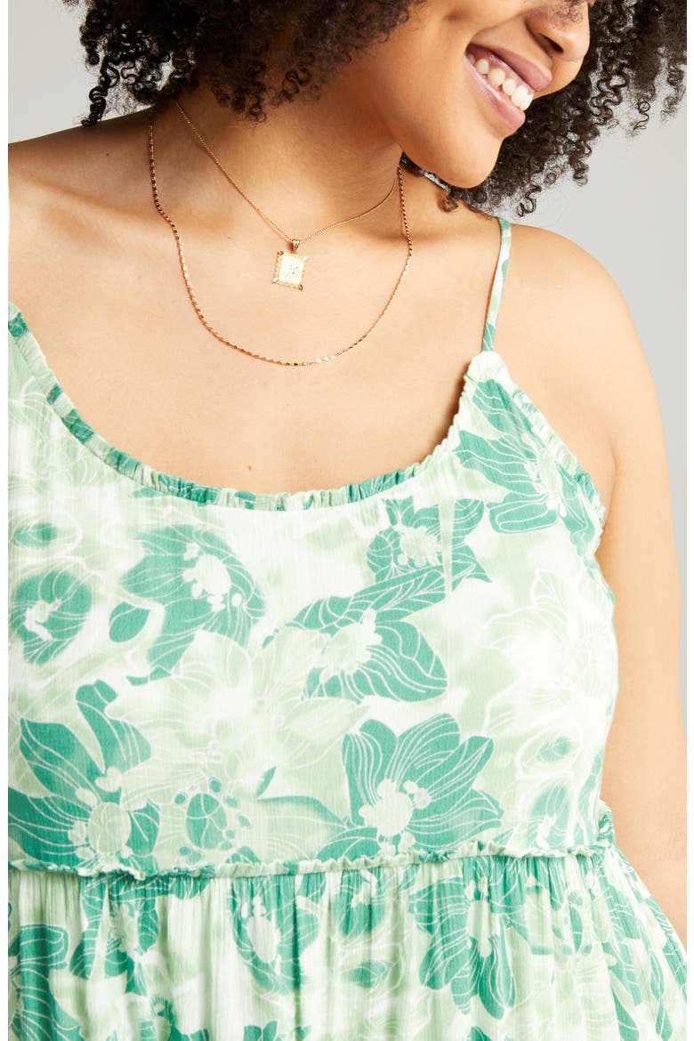 Floral Tiered Babydoll Minidress, Alternate, color, GREEN SUNBURST HIBISCUS