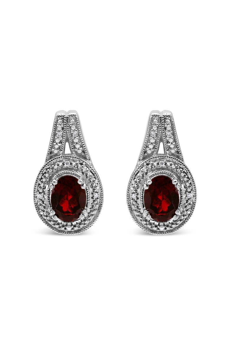 Silver Diamond Accent and 8x6mm Red Oval Garnet Stud Earrings, Main, color, White