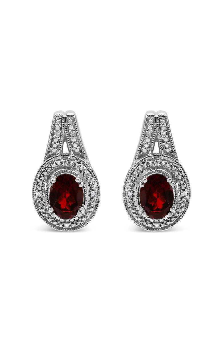 Haus of Brilliance Silver Diamond Accent and 8x6mm Red Oval Garnet Stud Earrings, Main, color, White