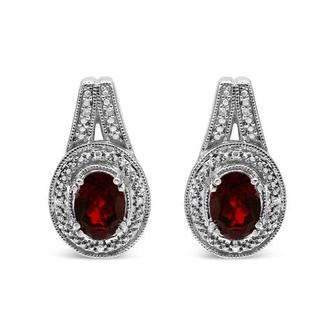 Silver Diamond Accent and 8x6mm Red Oval Garnet Stud Earrings