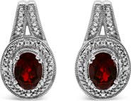 Haus of Brilliance Silver Diamond Accent and 8x6mm Red Oval Garnet Stud Earrings