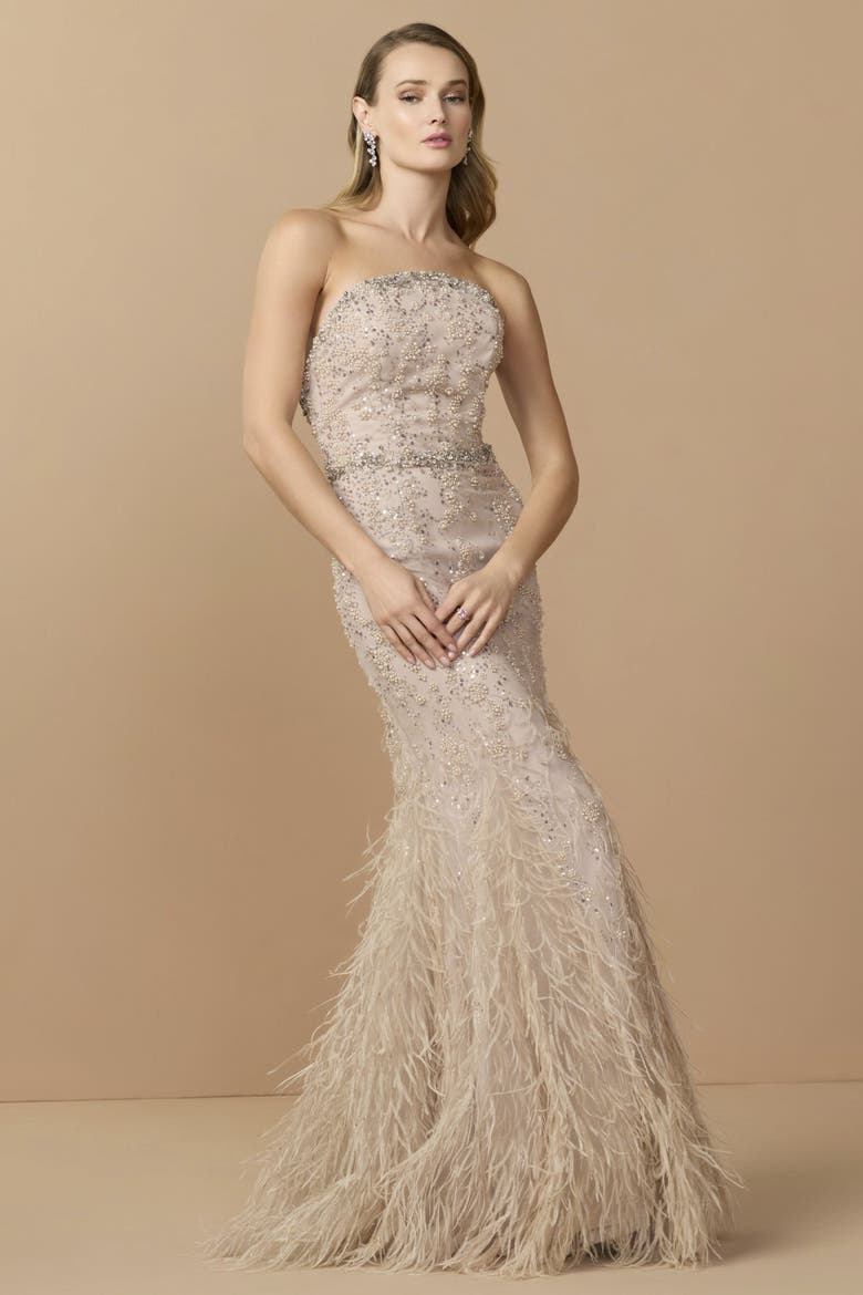 Strapless Beaded Net Trumpet Gown With Feathers, Alternate, color, Champagne