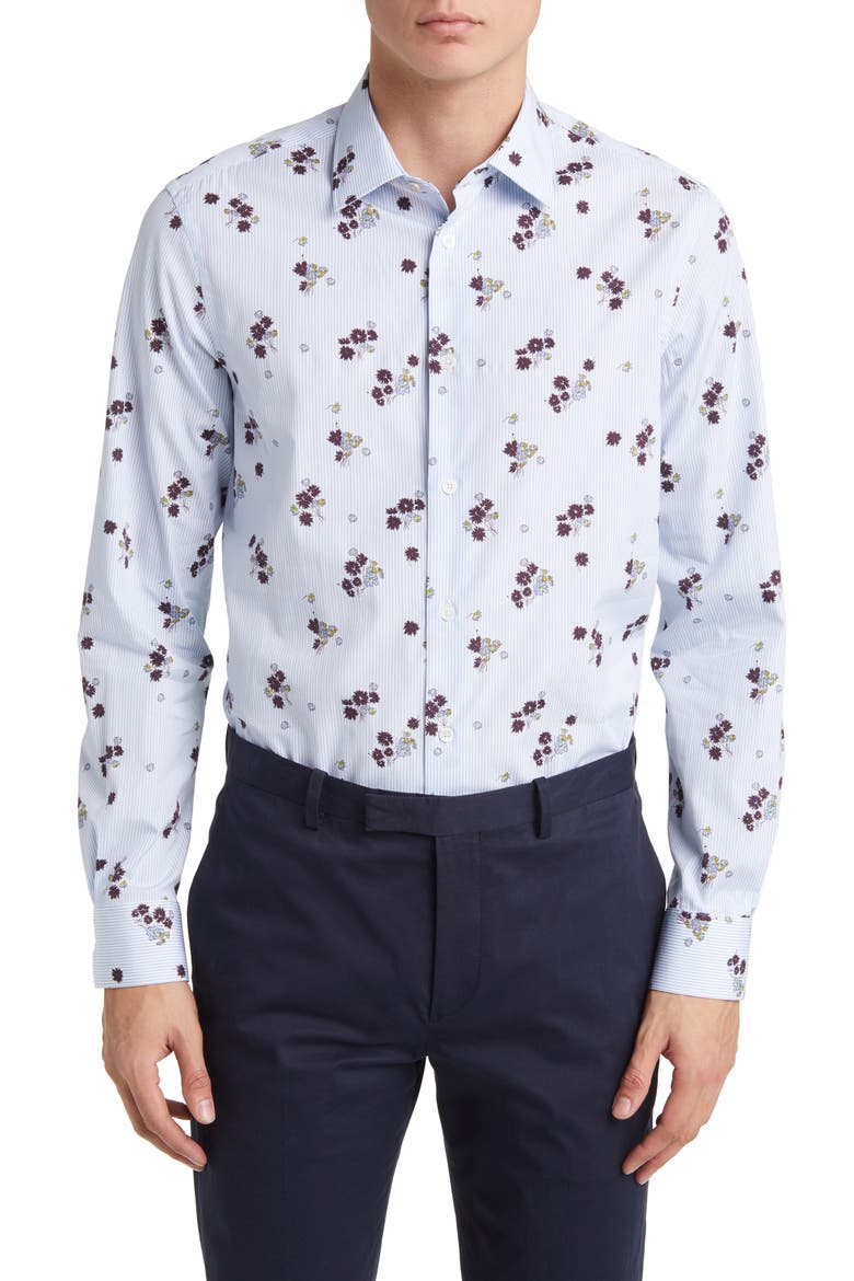 Tailored Fit Floral Stripe Cotton Dress Shirt, Main, color, LIGHT BLUE