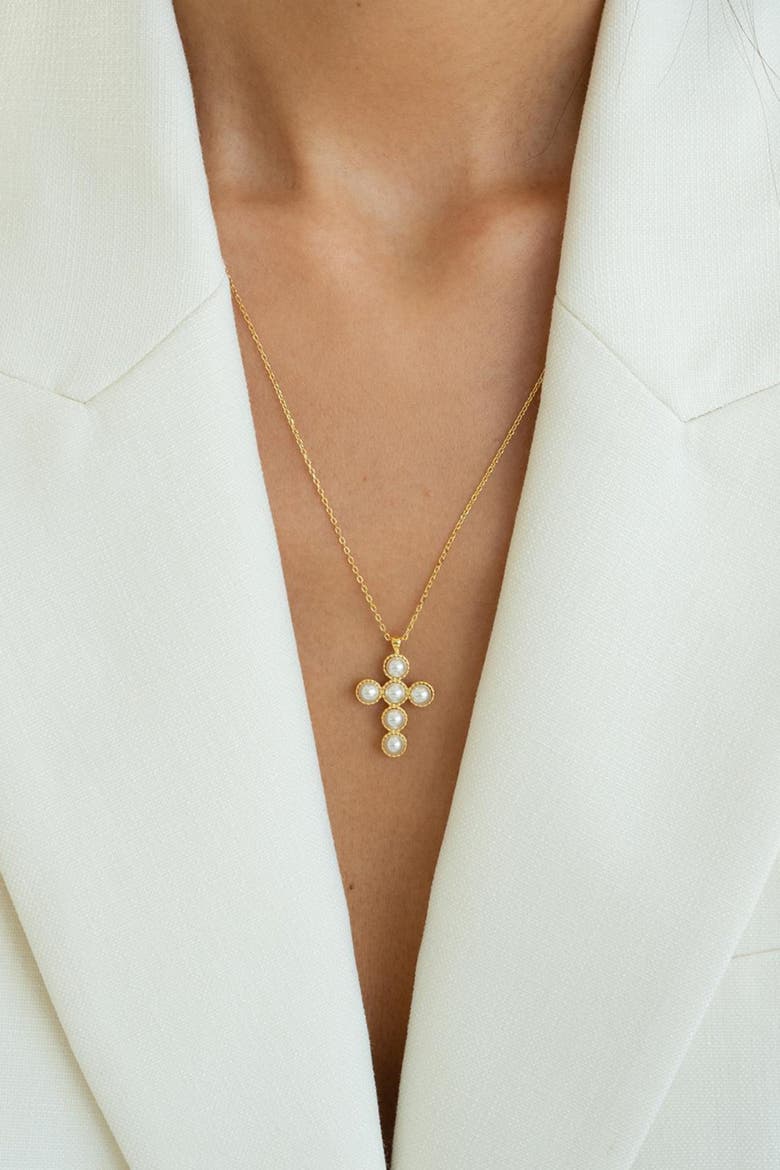 Sterling Silver 18k Gold Plated Victoria Cross Pearl Necklace & Earring Set, Alternate, color, Gold