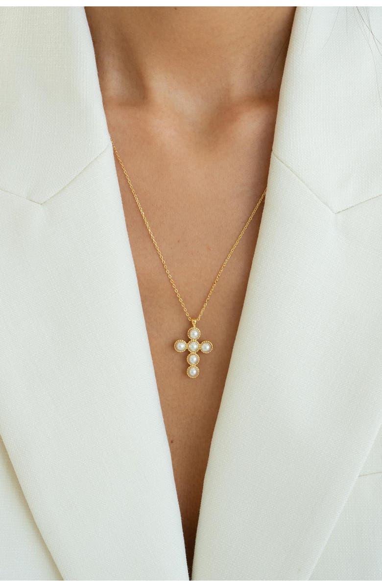 Bearfruit Jewelry Sterling Silver 18k Gold Plated Victoria Cross Pearl Necklace & Earring Set Holiday Gift Idea, Alternate, color, Gold