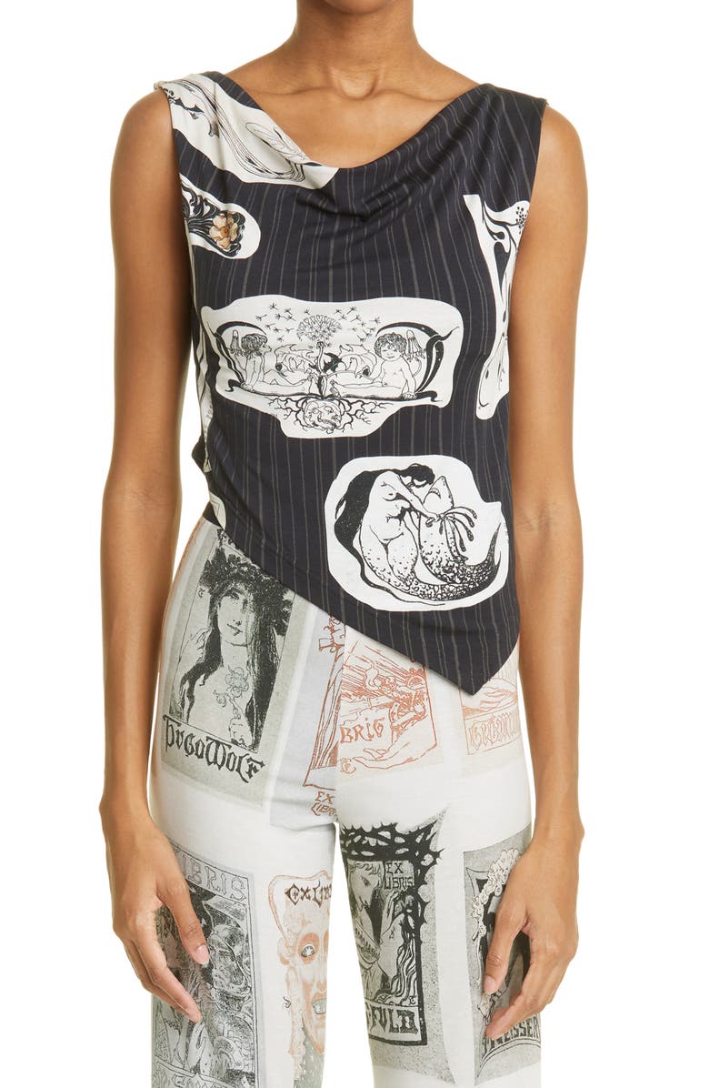 ELLISS Pinstripe Print Cowl Neck Asymmetric Stretch Organic Cotton Top, Main, color, 