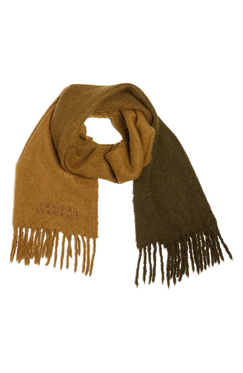 Isabel Marant Firna Logo Embroidered Fringe Scarf, Alternate, color, Khaki