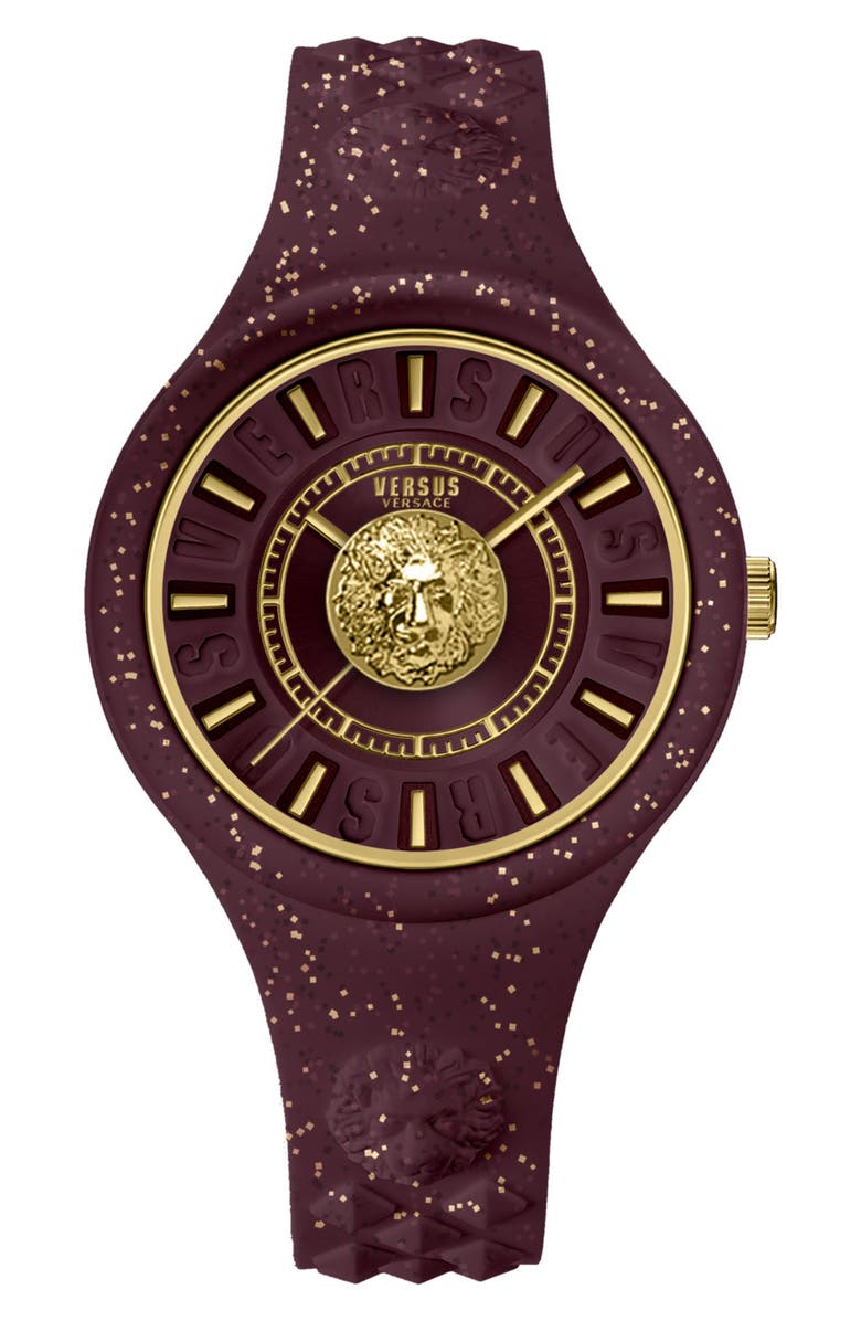 VERSUS Versace Versace Fire Island Lion Glitter Dark Burgundy Dial Silicone Strap Watch, 39mm, Main, color, Burgundy