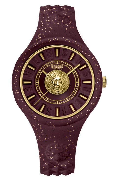 Versace Fire Island Lion Glitter Dark Burgundy Dial Silicone Strap Watch, 39mm