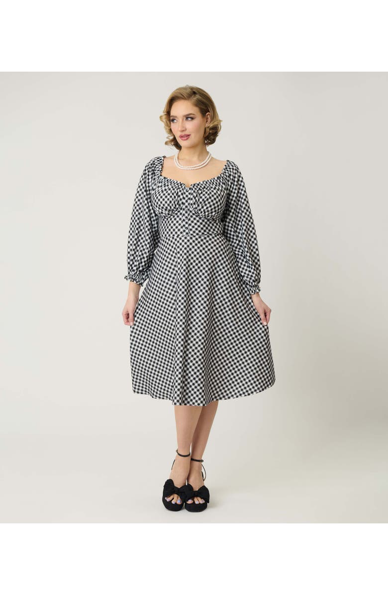Unique Vintage Peasant Sleeve Swing Dress, Main, color, Black & White Gingham