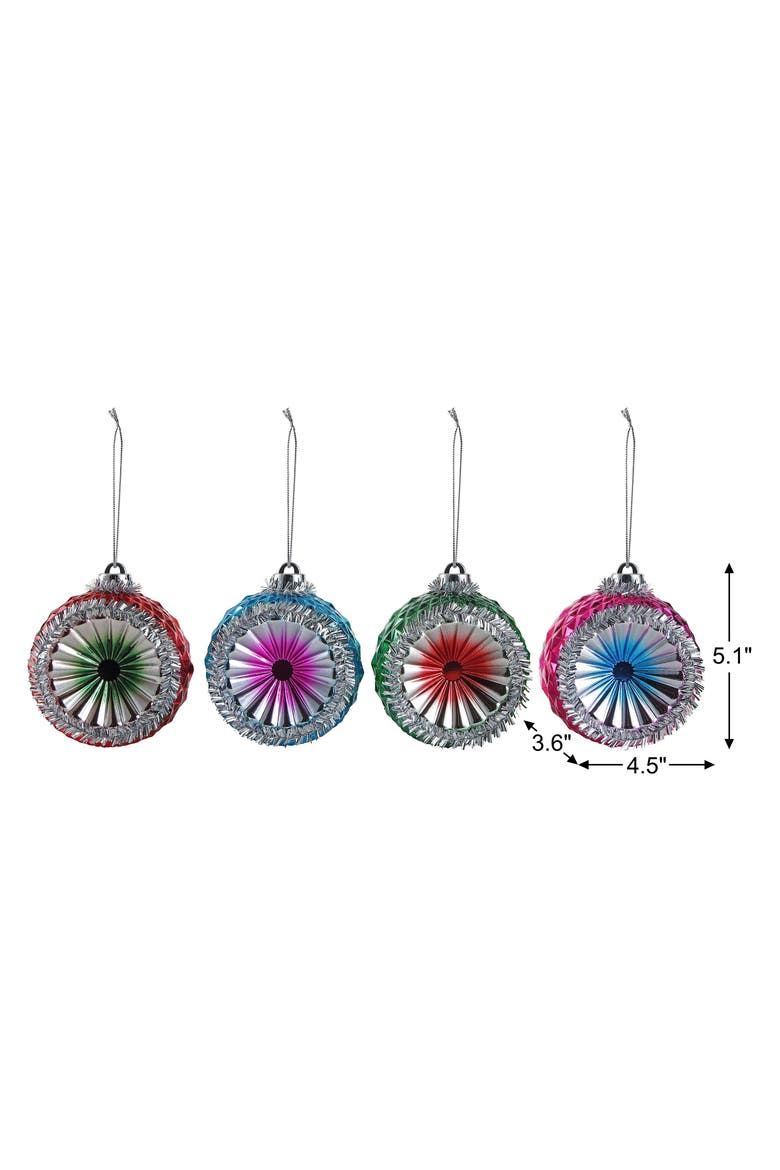 Set of 4 Reflective Ornaments with Tinsel, Alternate, color, Multicolored