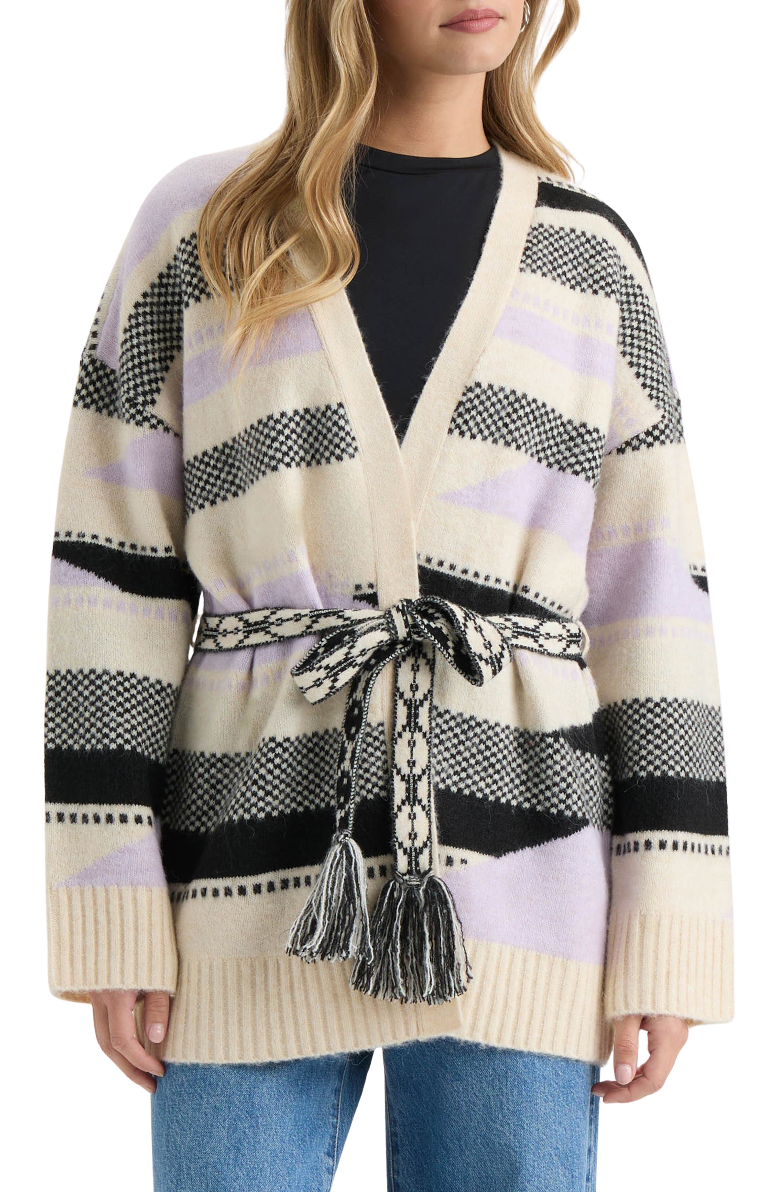 NVLT Stripe Tie Waist Jacquard Cardigan