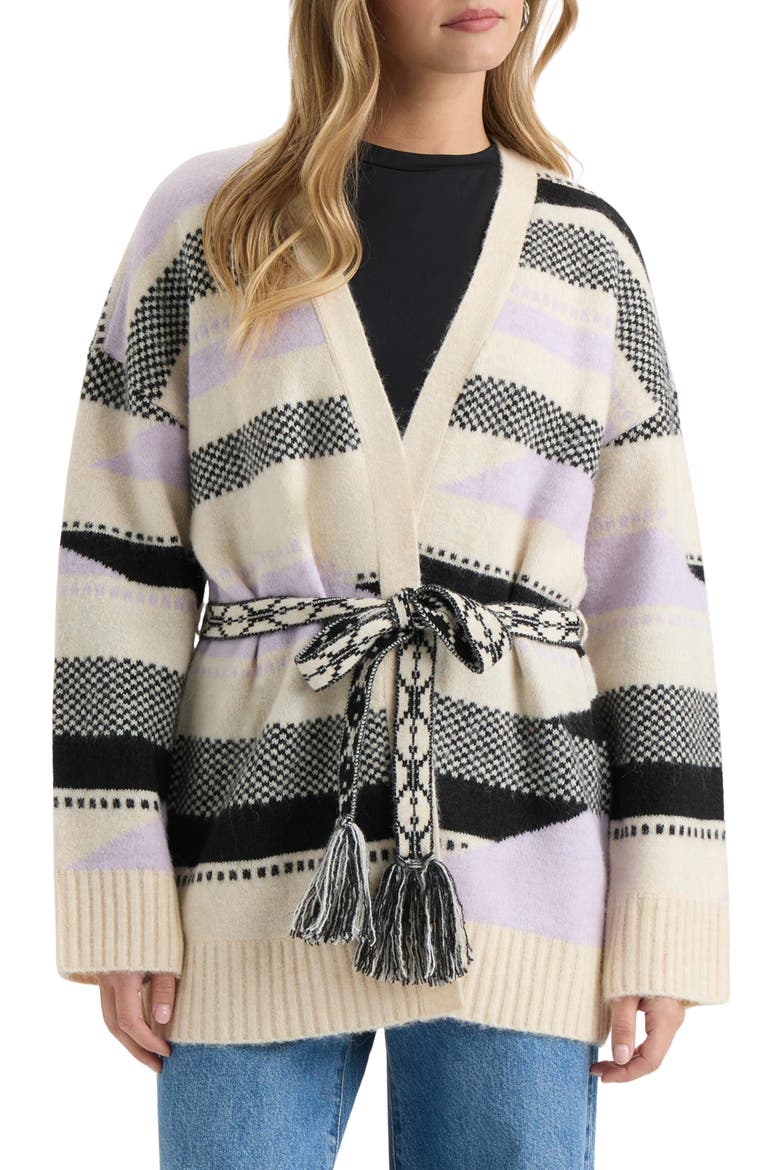 Stripe Tie Waist Jacquard Cardigan, Main, color, LILAC AZTEC