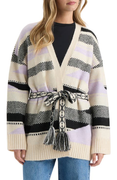 Stripe Tie Waist Jacquard Cardigan