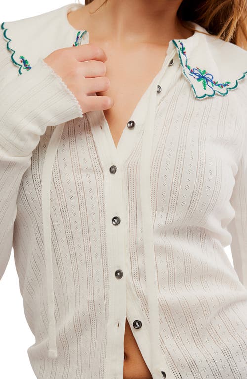 Free People Juniper Embroidered Pointelle Cotton Button-up Top In White