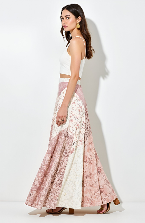 Modenaire Patchwork Floral Chevron Panel Maxi Skirt In Multi