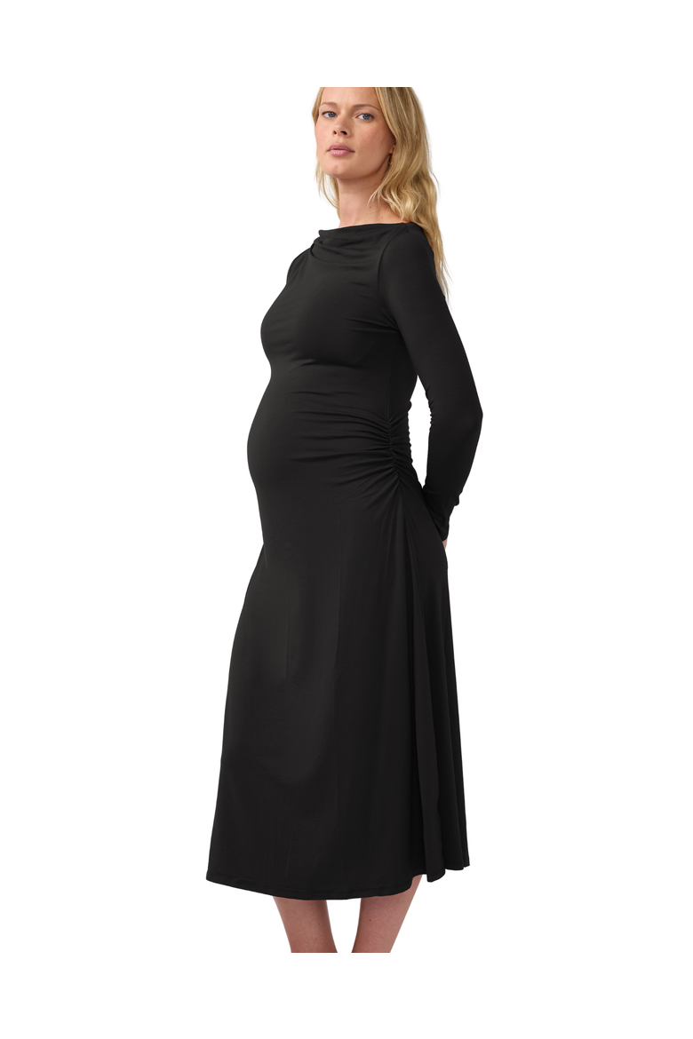 Ruched Long Sleeve Mock Neck Maternity Midi Dress, Alternate, color, Black