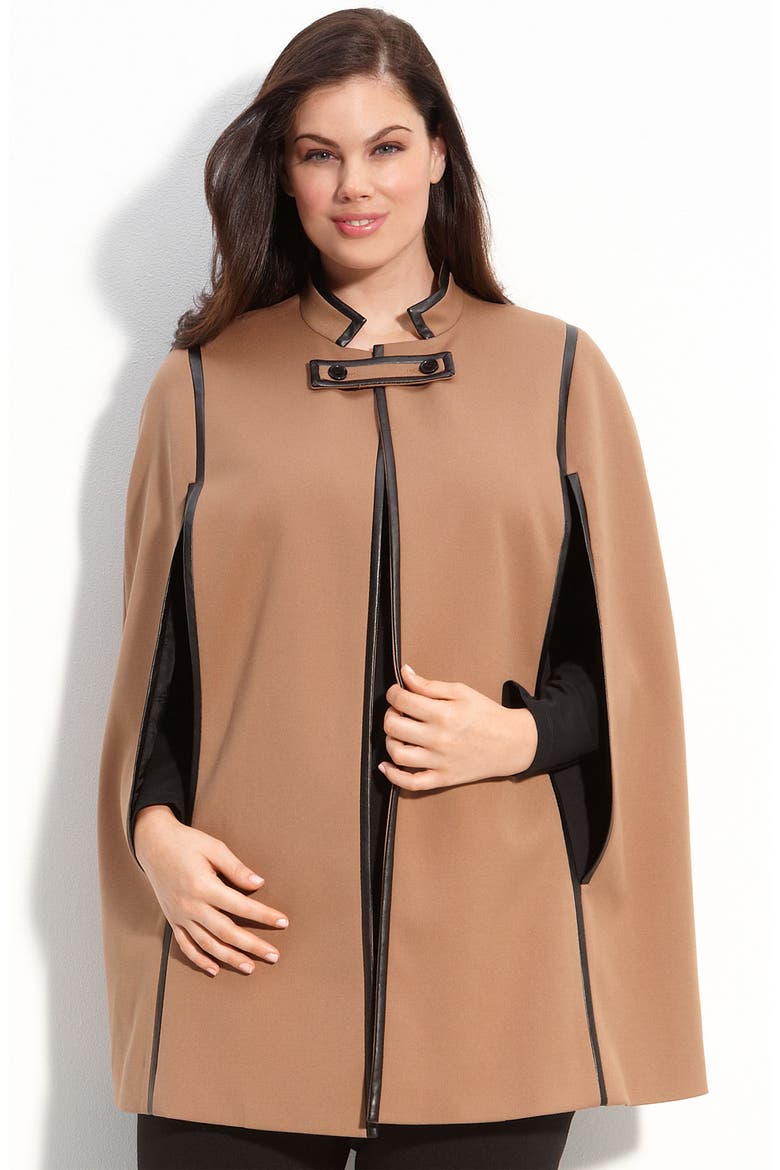 Faux Leather Trim Cape, Main, color, DARK CAMEL