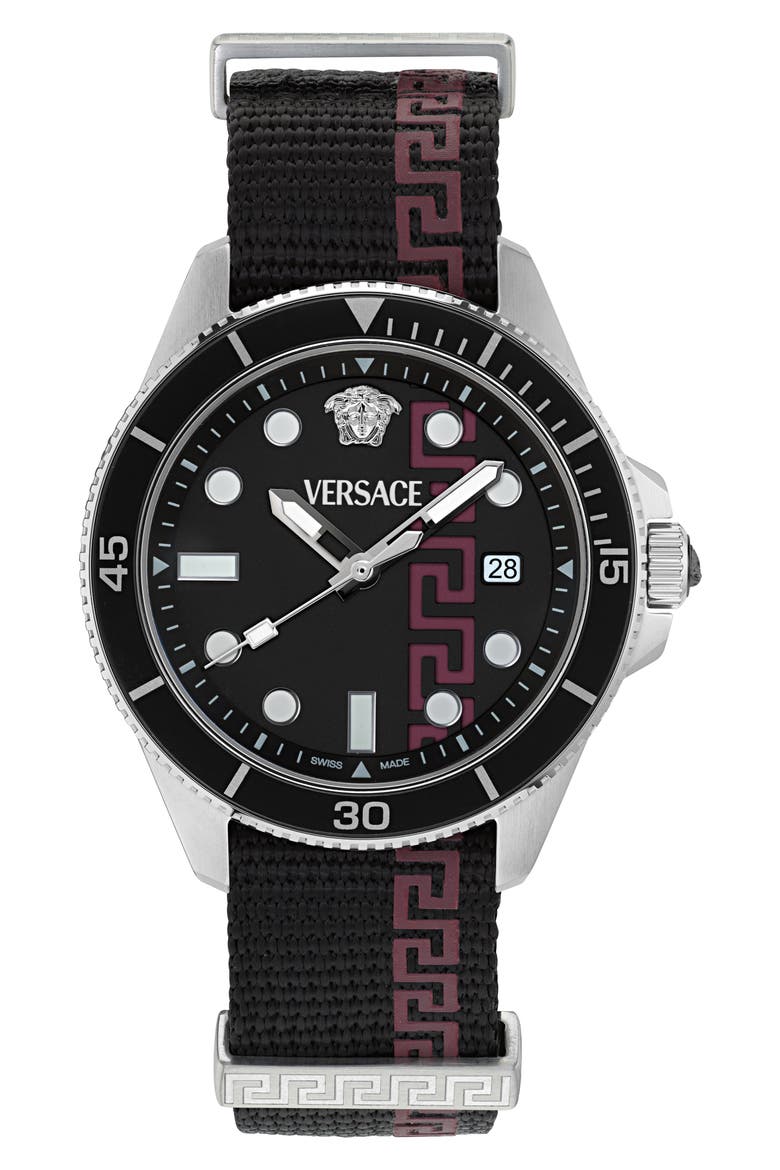Greca Force Fabric Strap Watch, 42mm, Main, color, STAINLESS STEEL