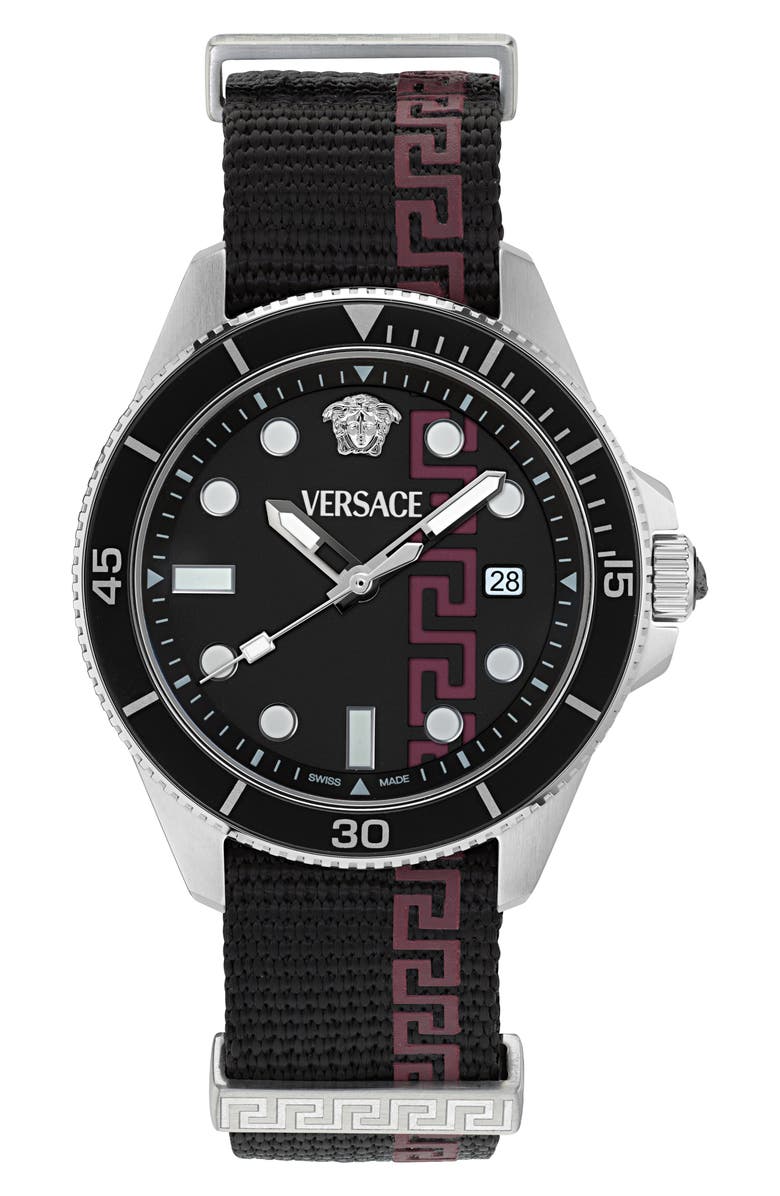 Versace Greca Force Fabric Strap Watch, 42mm, Main, color, Stainless Steel