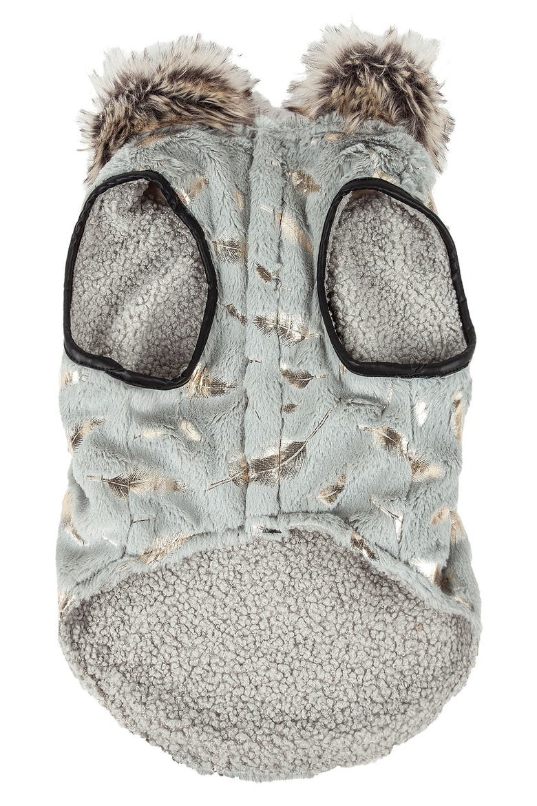 LUXE 'Gold Wagger' Gold-Leaf Designer Faux Fur Dog Coat, Alternate, color, GREY AND GOLD