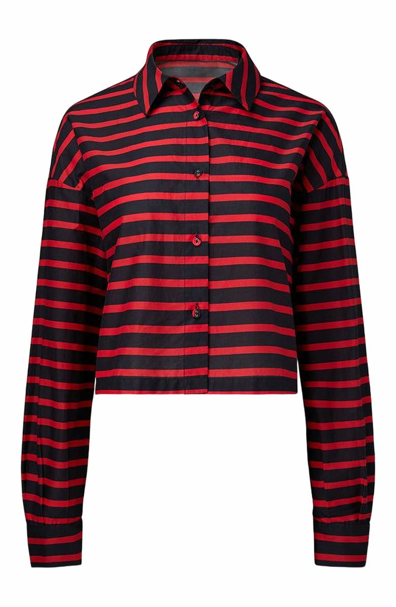 WeWoreWhat Long Sleeve Crop Button Down Shirt, Main, color, Tr Red/Dk Navy