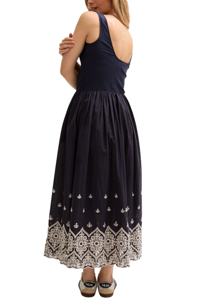 Cora Sleeveless Jersey Bodice Embroidered Midi Dress, Alternate, color, Navy