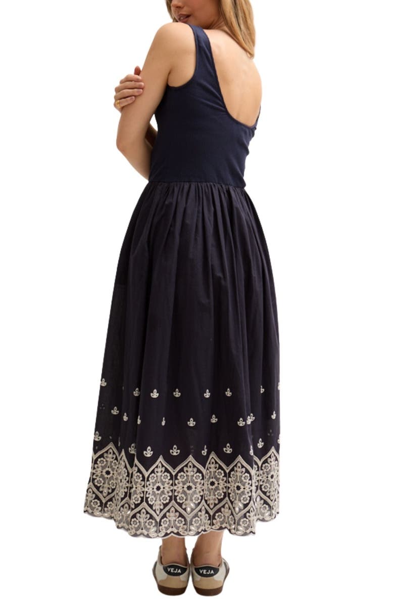 LILY AND LIONEL Cora Sleeveless Jersey Bodice Embroidered Midi Dress, Alternate, color, Navy