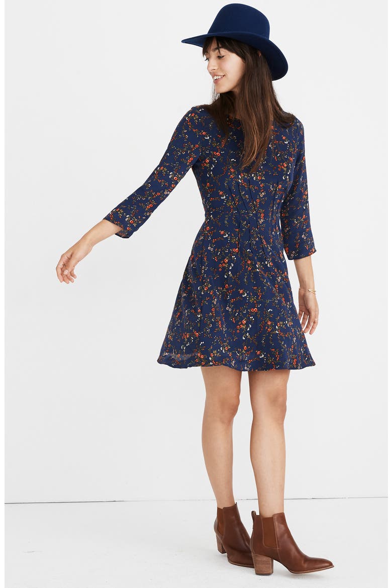 Boat Neck Pintuck Silk Dress, Alternate, color, WHISPER MOONLESS NIGHT