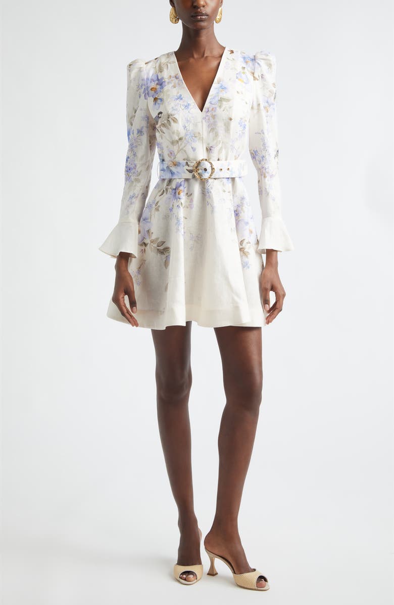 Zimmermann Kindred Spirit Luna Long Sleeve Linen Minidress, Main, color, Blue Songbird