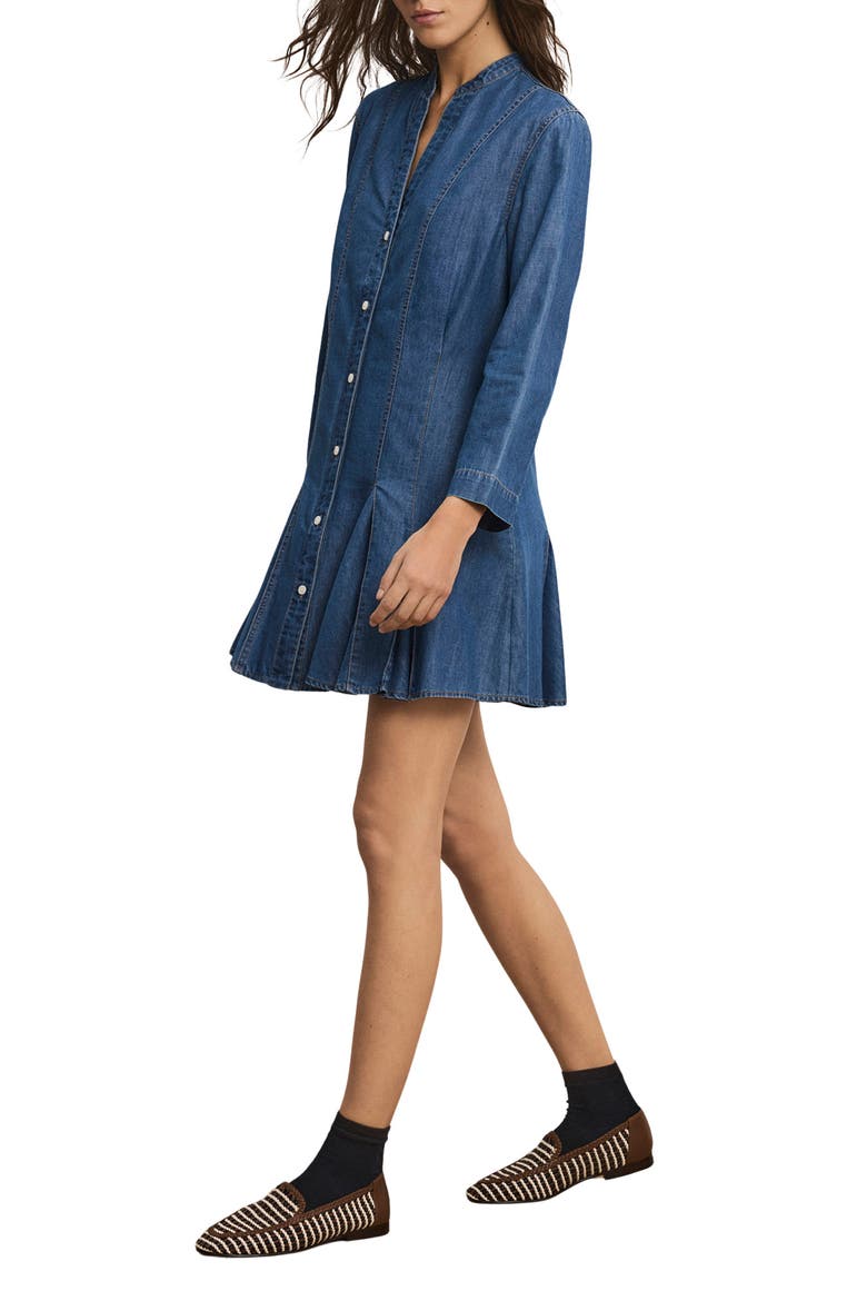 Korinda Godet Pleat Long Sleeve Denim Dress, Alternate, color, POOL PARTY